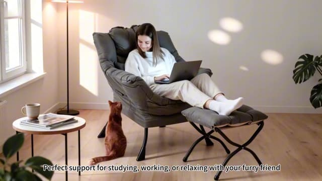 Lazy Chair with Ottoman, Modern Accent Chair with Lumbar Pillow, Dark Grey Sofa, Armchairs with Folding Footrest, Oversized Supportive Chairs for Bedroom, Reading