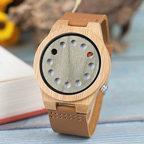 BOBO BIRD Men's Bamboo Wooden Watch with Black Cowhide Leather Strap 12 Holes Timer Design Sports Casual Watches