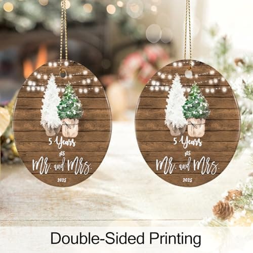 5th Anniversary Ornament Gifts for Couple, 5 Year Wedding for 5th Anniversary, Ceramic Keepsake 5 Year as Mr and Mrs Christmas Ornaments