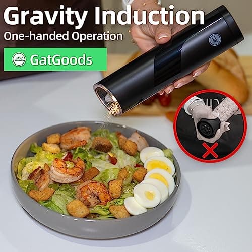 Gravity Electric Salt and Pepper Grinder Set, Adjustable Coarseness, Warm LED Light, One-handed Automatic Operation, Battery Powered, Black, Electric Pepper Mills