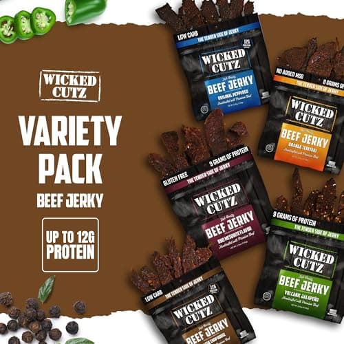 Wicked Cutz Beef Jerky Variety Pack, 5 Flavors & Up to 36g Protein Per Bag, Tender & Easy to Chew Alternative to Beef Sticks, USA Made High Protein Carnivore Snacks (5 Bags, 1 of Each Flavor)