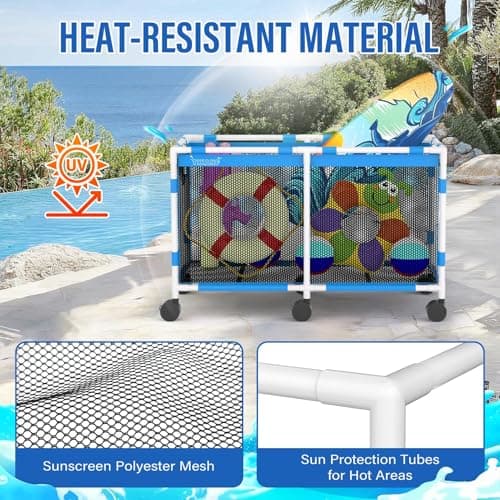 Pool Storage Bin - 235 Gallon 69" L Extra Large Pool Float Storage Organizer with Heavy Duty Tear & Sunlight Resistant Nylon Mesh, 360° Rolling Pool cart for Noodles,Toys,Floats,Balls