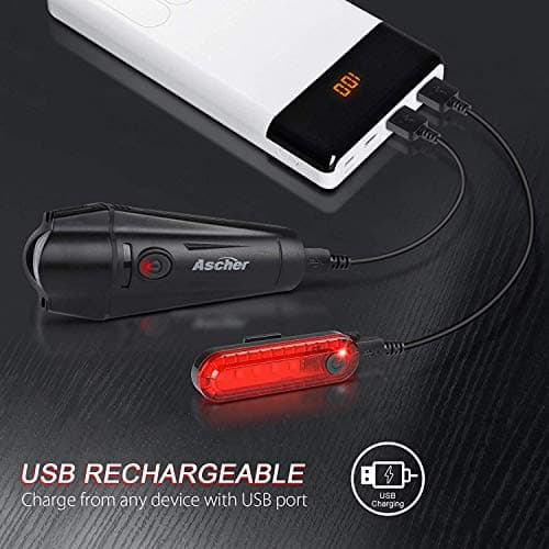 Ascher Ultra Bright USB Rechargeable Bike Light Set, Powerful Bicycle Front Headlight and Back Taillight, 4 Light Modes, Easy to Install for Men Women Kids Road Mountain Cycling B07FC9NRRR