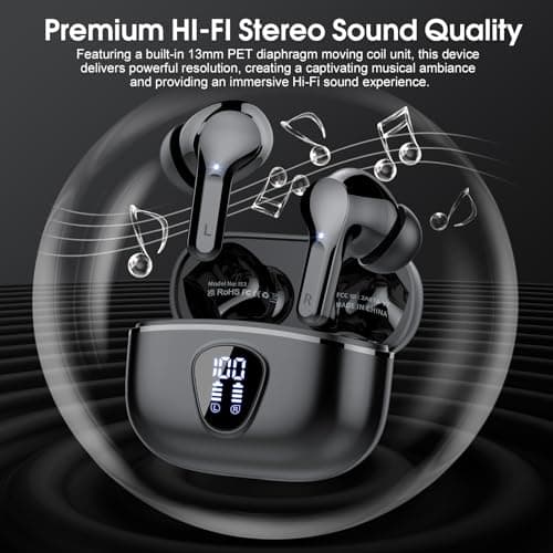 Wireless Earbuds, Bluetooth 5.4 Headphones HiFi Stereo, Bluetooth Earbuds with ENC Noise Cancelling Mic, IP7 Waterproof in Ear Earphones, 48H, LED Display Ear buds for Pad Phones Workout Sports, Black