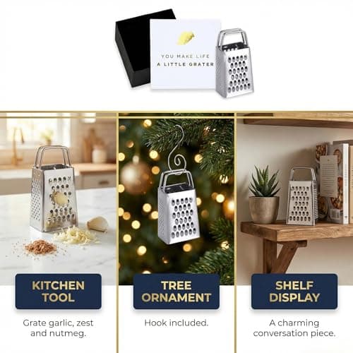 Gift Box and Card, Coworkers, Foodies, Stocking Stuffer, Real Stainless Steel, Ornament Hook, Birthday, Secret Santa Mini Cheese Grater Gift Set, You Make Life a Little Grater Funny Chef Gift B0G15M3C9S