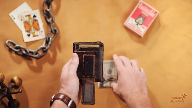 House of Jack Co. Ivor Bifold Money Clip Wallet for Men, Slim Front Pocket Wallet with Strong Magnetic Clip, Exterior ID Window, Full Grain Cowhide, Brown