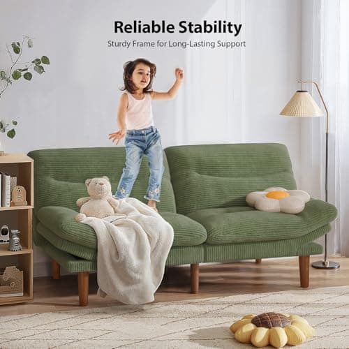 Pipishell 75" Futon Sofa Bed, Convertible Corduroy Space-Saver Couch with Adjustable Back & Armrests, Recliner Sleeper for Small Apartments, Office, Guest Room (Green) | Space-saver