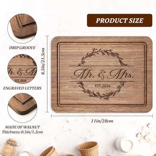 Engraved with "Mr. and Mrs. EST. 2026"- Mr and Mrs/Wedding/Engagement Gift for Newlyweds Bride and Groom, 11" L x 8.5" W Craftique Wedding Gifts for Couples 2026, Bridal Shower Gifts-Cutting Board B0FQ579CB9