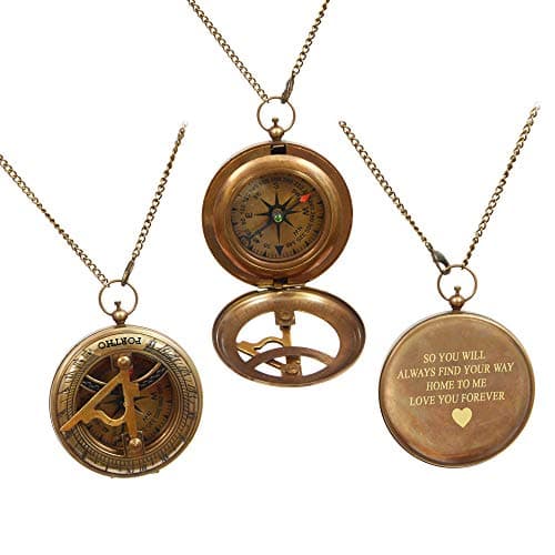 Love You Forever Engraved Sundial Compass with Leather Case – Inspirational Gift for Traveler, Adventurer, Groom, Baptism, Wedding or Him | Vintage Brass Navigation Compass