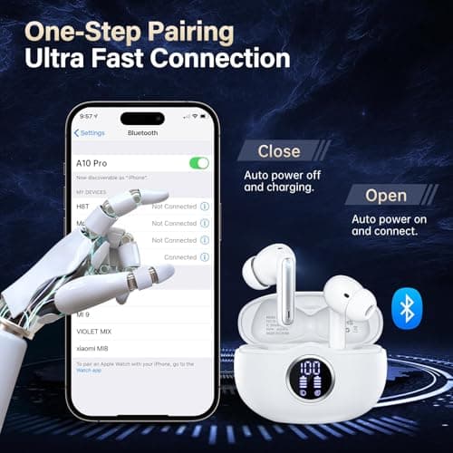 Fhumsh Wireless Earbuds, Bluetooth 5.3 Headphones HiFi Stereo 50H Playback LED Digital Display Ear Buds with ENC Noise Canceling Headset, IPX7 Waterproof Earphones for Gym/Running/Work (White)