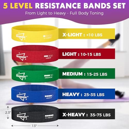 WSAKOUE Fabric Resistance Bands for Working Out – 5 Booty Bands for Women & Men, Exercise Workout Bands for Legs, HIPS & Glutes – Ideal for Home Fitness, Yoga, Pilates & Rehab