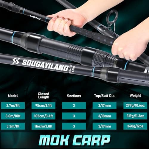 Sougayilang Spinning Fishing Rod, 3-Piece, Carbon Catfish Rod with EVA Comfortable Handle for Catfish and Carp Fishing, Medium/Heavy Power, 9'0"/10'0"/11'0"