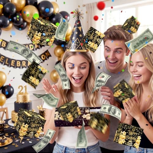 JAPDNK Happy Birthday Surprise Gift Box Explosion for Money, Pop Out Explosion Gift Box with Bounce Money Holder and Confetti, Birthday Money Bank, Birthday Gifts for Women Men B0H5C6R8DF