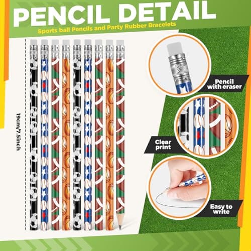 Sabary 48 Pcs Sports Pencils Silicone Bracelets Set Soccer Football Basketball Baseball Wooden Pencil Rubber Wristbands for Birthday Gifts Sports Party Favors(Multi Balls)