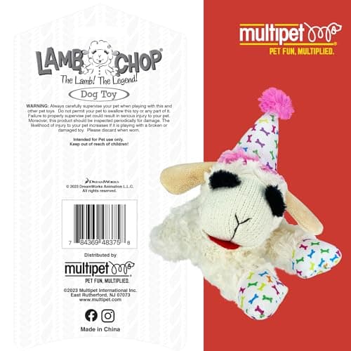 Soft Plush Dog Toy, Stuffed Animal Dog Toy For Playing, Cute Birthday Toy 10.5”, Pink Hat, 5 Squeakers Multipet Lamb Chop Dog Plush Toy with Birthday Hat - Squeaky Dog Toy B0BKH23JXC