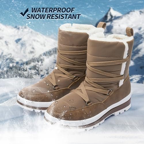 Rominz Women's Winter Snow Boots - Waterproof Black Fur Lined Warm Mid Calf Non-Slip Ankle Boots - White Lace-Up Platform