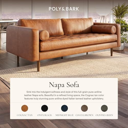 POLY & BARK Napa 88.5" Leather Sofa – Full-Grain Italian-Tanned Aniline Leather, Feather-Down Comfort, Solid Wood Frame, Walnut Legs, Cognac Tan
