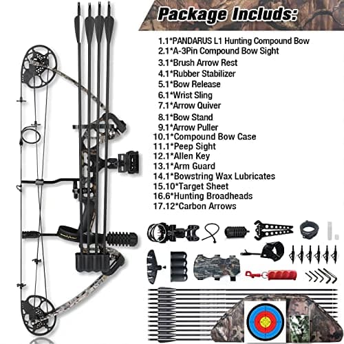 Compound Bow Draw Weight 0-70 Lbs for Pull Beginner and Intermediate Archer Fully Adjustable 19.25"-31" with All Accessories, up to IBO 320 fps,Package with Archery Hunting Equipment New 2024