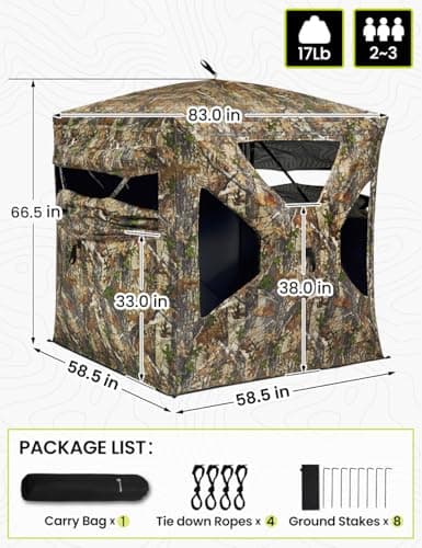 TIDEWE Hunting Blind 270°Full See Through with Windproof Curtain, Silent Magnetic Door & Sliding Windows, Pop Up Ground Blind with Carrying Bag, 300D Portable Tent