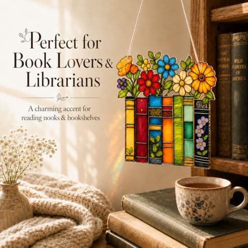Book Lovers Gifts for Women, Book Ornament Faux Stained Glass Window Hanging, Bookish Gifts for Teacher, Librarian, Reader, Bookworm, Christmas Stocking Stuffer Tree Decorations (Floral Shelf)