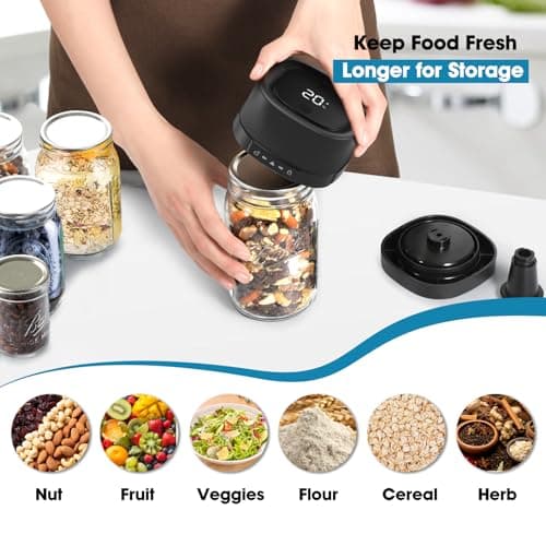 ZIWEO Mason Jar Vacuum Sealer Kit for Wide Mouth and Regular Mouth Mason Jars, Electric Vacuum Sealer with Suction Nozzle, 10 Lids and 1 Vacuum Bag, Compact and Auto Stop Design