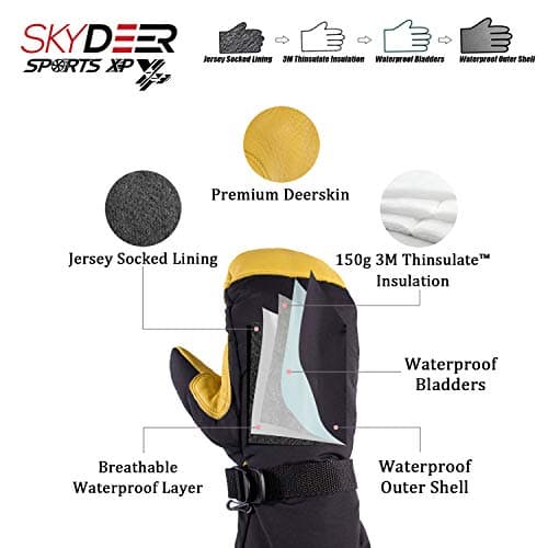 SKYDEER Waterproof and Windproof Genuine Deerskin Leather Ski Gloves with 150G 3M Thinsulate Insulation (SD8648T)
