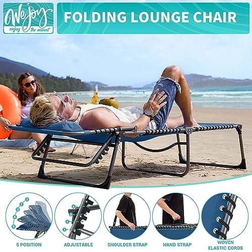 #WEJOY Folding Lounge Chair Outdoor, 5-Position Adjustable Sunbathing Tanning Chair with Shoulder Strap & Side Pocket, Heavy Duty Reclining Chair for Patio Pool Camping, Portable Folding Bed Cot,Blue