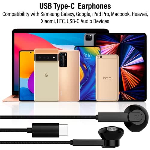 Maeline USB C Headphone, USB Type C Earphones Wired Earbuds Noise Canceling in-Ear Headset with Microphone for Computers, Laptops, Tablets, Smartphones - Black