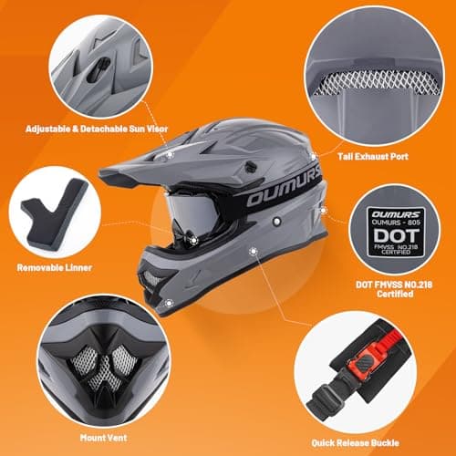 OUMURS Adult ATV Dirt Bike Helmet with Goggles Gloves & Mask Adjustable Sun Visor Motorcycle Adult Helmet Off-Road Motocross Downhill Moped MX for Unisex-Adult-Gray, L
