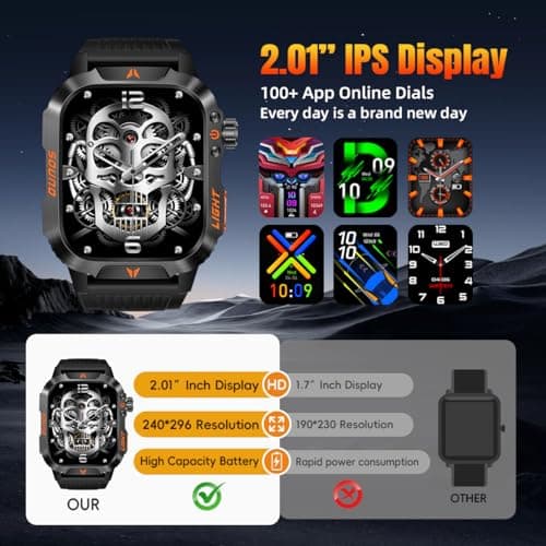 Military Smartwatch for Men, LED Flashlight Bluetooth Call IP68 Waterproof Heart Rate Blood Oxygen Sleep Tracker Fitness Pedometer Android iOS Compatible - Ideal for Hunting Hiking Extreme Sports
