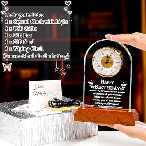 with Wooden LED Light Base, Happy Birthday Keepsake, for Woman Man Her Him Mom Dad Friend, Home Decor Ornalrist Happy Birthday Gifts for Men Women Glass Quartz Clock Keepsake B0GR57JH79