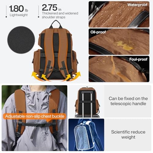 mixi Travel Backpack for Women Men, 18 Inch Carry On Laptop Backpack Flight Approved fits 16'' Laptop, Lightweight Waterproof Hiking Backpack Travel Outdoor Business Casual Daypack, Brown