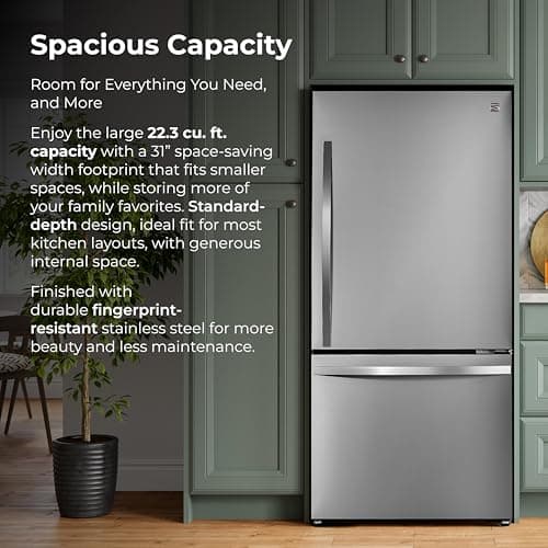 Kenmore 31" Bottom Freezer Refrigerator - Ice Maker, Adjustable Shelving, Crispers Drawers, LED Lighting, ENERGY STAR Certified, 22.3 cu. ft. Capacity, Fingerprint Resistant Stainless Steel