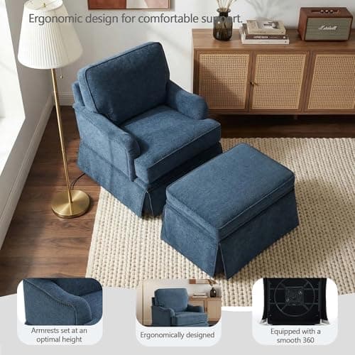 Swivel Accent Chair with Storage Ottoman Set of 2, Comfy Modern Upholstered Chenille Reading Armchair for Living Room, Bedroom, Office, Chenille Navy
