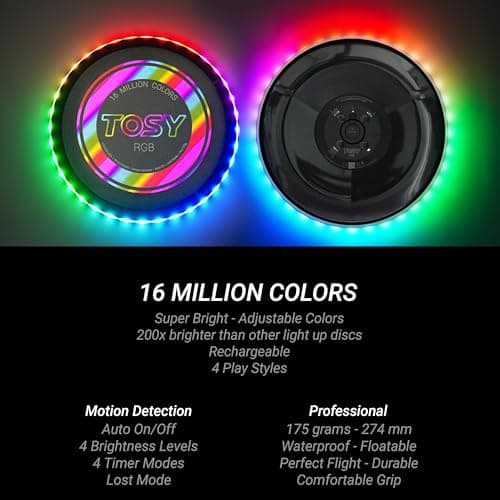 TOSY Flying Disc - 108 RGB Multicolor or 36 Monocolor LEDs, Super Bright, Smart Modes, Christmas Stocking Stuffers Gift, Camping Toy for Kid/Teen/Adult, Auto Light Up, Rechargeable, Waterproof, 175g
