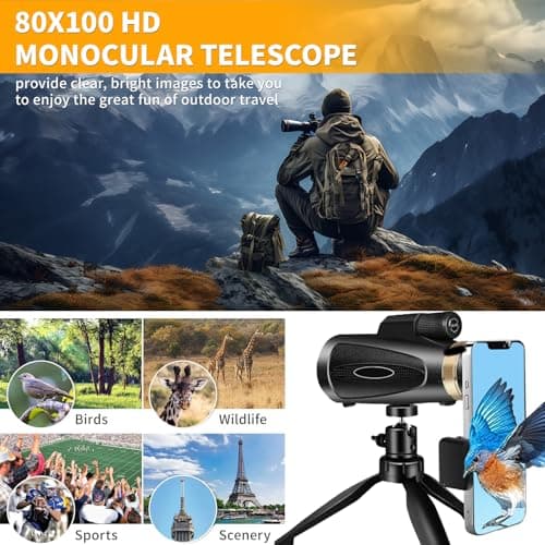 Monocular Telescope 80x100 HD Monoculars for Adults with Tripod & Phone Adapter, Monoculars for Bird Watching Stargazing Camping Hiking Hunting Wildlife Travel-Black