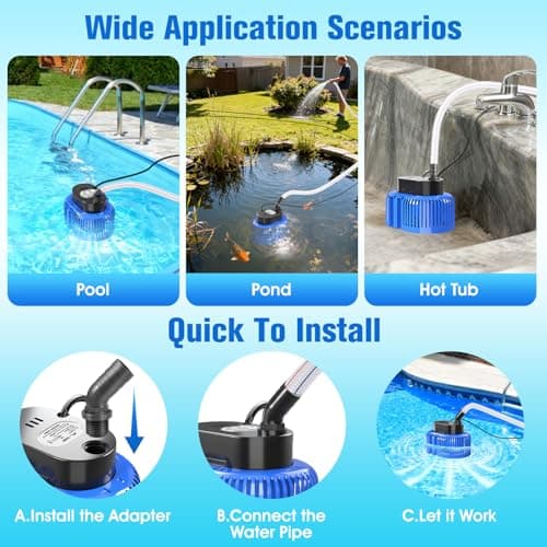 Pool Cover Pump above Ground, Submersible Water Sump Pump Swimming Water Removal Pumps,Submersible Pump for Pool Draining,Pool Pump 16FT Drainage Hose,25 FT Extra Long Power Cord, 850 GPH,4 Adapters