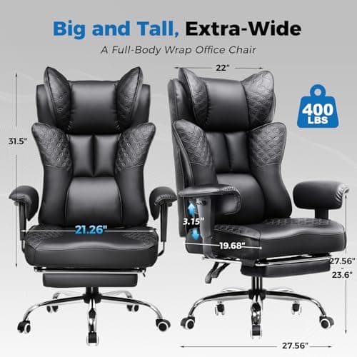 GTRACING Big and Tall Office Chair 400LBS Wide Ergonomic Gaming Chair with Deluxe Embossing Designed Leather with Foot Rest,150°Reclining Adjustable Soft Armrests Pocket Spring Back Support and Pillow