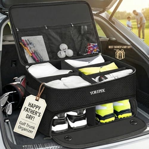 YOREPEK 2 Layer Golf Trunk Organizer, Golf Gifts for Men with Separate Ventilated Compartment for 2 Pair Shoes, Waterproof Car Trunk Locker for Balls, Tees, Clothes, Gloves, Accessories, Golfer Gifts