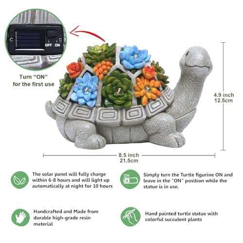 Nacome Solar Garden Outdoor Statues Turtle with Succulent and 7 LED Lights - Lawn Decor Tortoise Statue for Patio, Balcony, Yard Ornament - Unique Housewarming Gifts