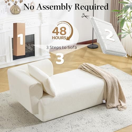 Bezseller Upholstered Chaise Lounge Indoor, Comfy Lounge Boucle Sofa, Modern Leisure Sleeper Sofa with Pillows, Recliner Chair Indoor for Living Room Bedroom Office, Beige