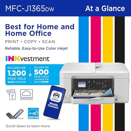 Brother INKvestment 1365 Wireless Color Inkjet All-in-One Printer with Automatic Duplex Printing and 1.8” Color Display | Includes Refresh Subscription Trial(1) (MFC-J1365DW)