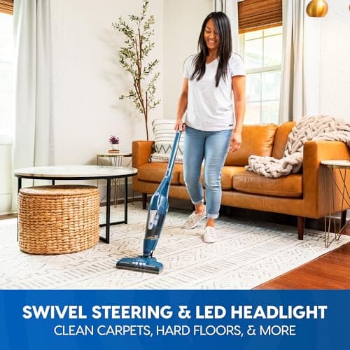 Vacmaster Portable 10.8V 2-in-1 Cordless Stick Lightweight Vacuum Cleaner with 2-Speed Power Control and LED Headlight for Hardwood Floor, Carpet & Pet Hair, Blue