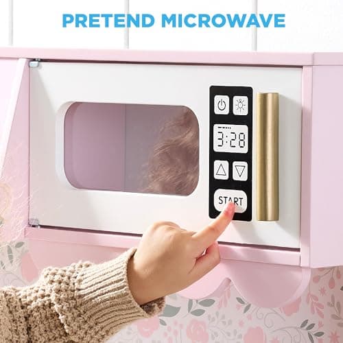 Best Choice Products Toddler Kitchen Playset, Wooden Cottage Kids Play Kitchen with 5 Accessories, Toy Storage, Scalloped Edge, and Pretend Play Microwave, Oven, Clicking Knobs - Pink