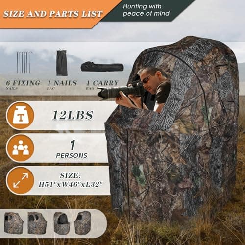 FUNHORUN Hunting Chair Blind, 1/2 Man One-Way See Through Ground Blind, Portable 1/2 Person Camouflage Chair Tent with Carrying Bag