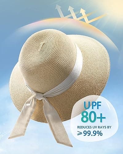 FURTALK Womens Beach Sun Straw Hat UV UPF 80+ Travel Foldable Brim Summer UV Hat