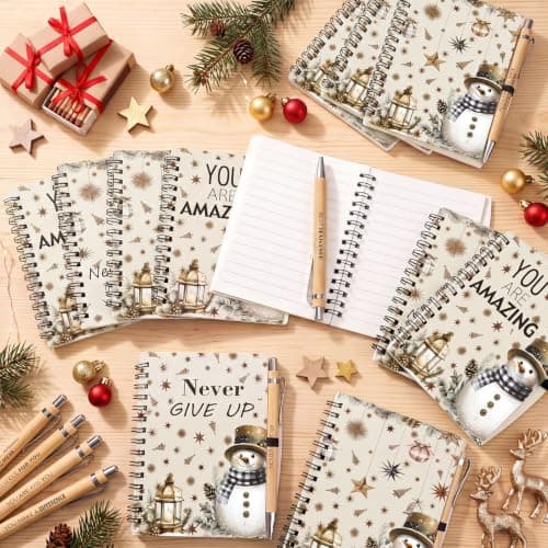 Gueevin 24 Pcs Christmas Employee Appreciation Gift Bulk Thank You Gift for Coworkers 12 Sets Xmas Inspirational Spiral Notebook and Bamboo Pens for Office Staff Team Volunteer Nurse Teacher(Snowman) B0H5BJXK8S