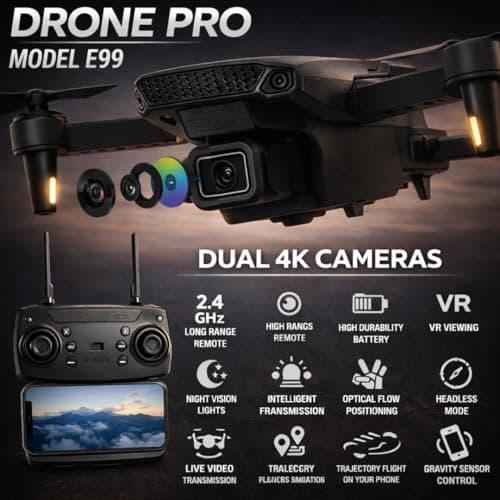 Mini E99 Pro RC Drone with Dual Camera, WiFi FPV, Foldable Design, Brushless Motor, Remote Control, 1 Rechargeable Batteries – Electronic Camera Drone