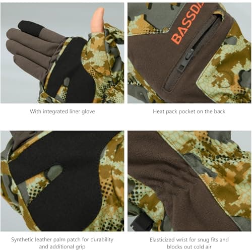 BASSDASH Men’s Insulated Mittens Winter Camo Hunting Gloves Water Resistant for Cold Weather Outdoor Activities HG04M