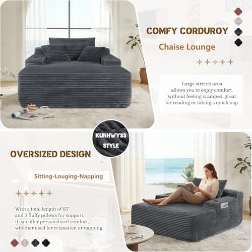 Kurhwyss Oversized Chaise Lounge Chair with Cup Holders and Pockets, Corduroy Single Sleeper Couch with 3 Pillows, Upholstered Boneless Sofa Comfy Reading Chair for Living Room Bedroom (Grey)